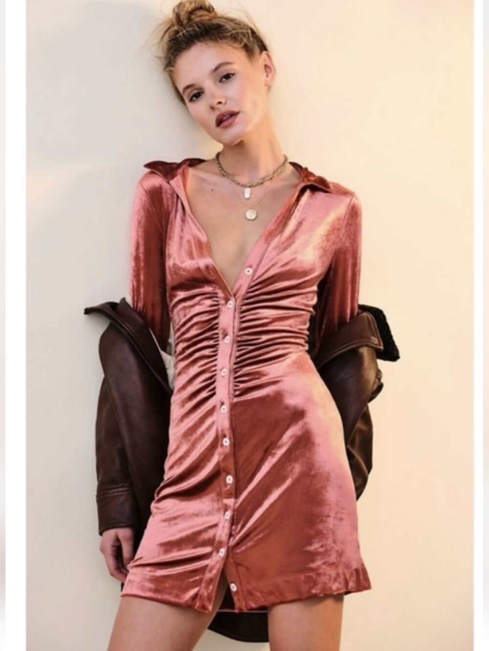 Free People Shayla Velvet Mini Dress Orange Rust Velour Boho Grunge Women Size M